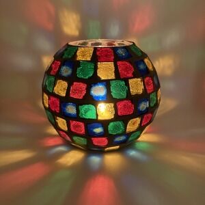 Vintage Mosaic Glass Candle Holder Bowl – Multicolor Stained Glass Votive